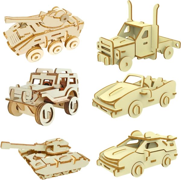 3D Wooden Puzzle - 6 Piece Set Wooden Car Brain Teaser Puzzle - DIY Assembly Car Building Model Kits - Wood  Toys Gifts for Kids and Adults Teens Boys Girls
