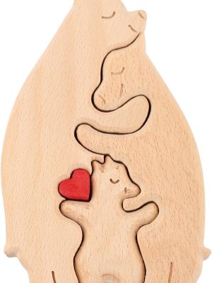 Personalized Bear Family Wooden Art Puzzle, Wooden Bear Puzzle Loving Blank Family Bear Sculpture with Heart Decorative Housewarming Wood Birthday Gifts for Dad Mom Home Decoration(3 Bears)