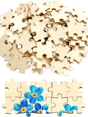 100 Piece Blank Puzzle Pieces for Crafts, Freeform Blank Wooden Puzzles for Arts & DIY, Each Piece is 1.8x1.3 Inches with Round Traditional Knob Interlocks