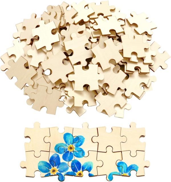 100 Piece Blank Puzzle Pieces for Crafts, Freeform Blank Wooden Puzzles for Arts & DIY, Each Piece is 1.8x1.3 Inches with Round Traditional Knob Interlocks