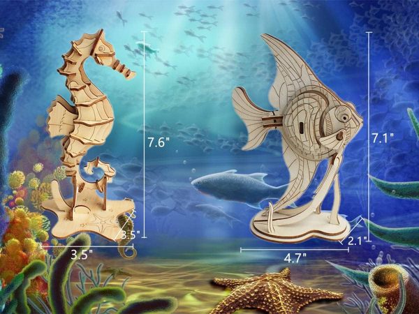 3D Wooden Sea Animal Puzzle - 6 Piece Set Wood Sea Animals Skeleton Assembly Model Kits - Wooden Crafts DIY Brain Teaser Puzzle -  Toys Gifts for Kids and Adults Teens Boys Girls