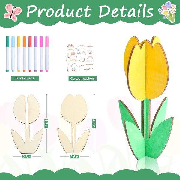 12 Pack Wood Tulips to Paint, DIY Wooden Tulips Flowers Craft Kits with Decorate Tools Spring Summer Centerpieces Craft Ornaments for Home DIY Craft Party Favors Tiered Tray Decorations (12)