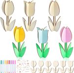 12 Pack Wood Tulips to Paint, DIY Wooden Tulips Flowers Craft Kits with Decorate Tools Spring Summer Centerpieces Craft Ornaments for Home DIY Craft Party Favors Tiered Tray Decorations (12)