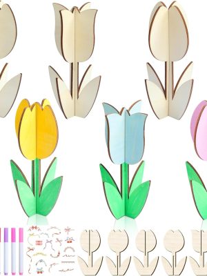 12 Pack Wood Tulips to Paint, DIY Wooden Tulips Flowers Craft Kits with Decorate Tools Spring Summer Centerpieces Craft Ornaments for Home DIY Craft Party Favors Tiered Tray Decorations (12)