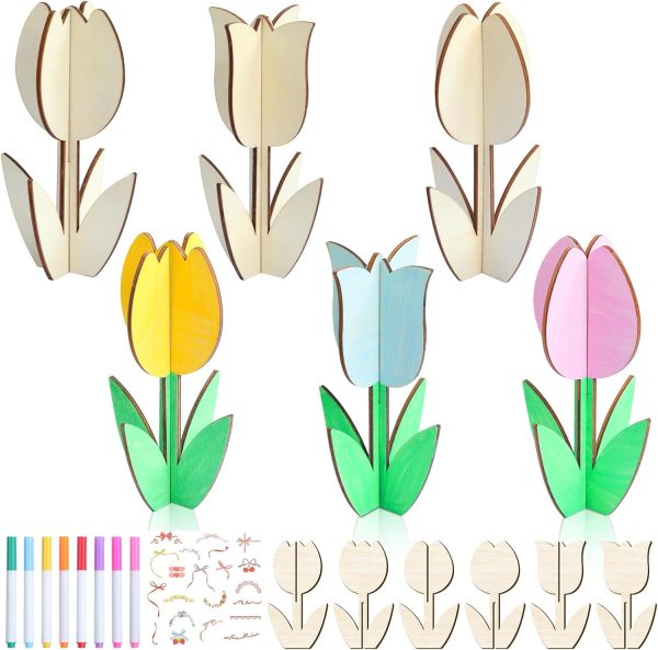 12 Pack Wood Tulips to Paint, DIY Wooden Tulips Flowers Craft Kits with Decorate Tools Spring Summer Centerpieces Craft Ornaments for Home DIY Craft Party Favors Tiered Tray Decorations (12)
